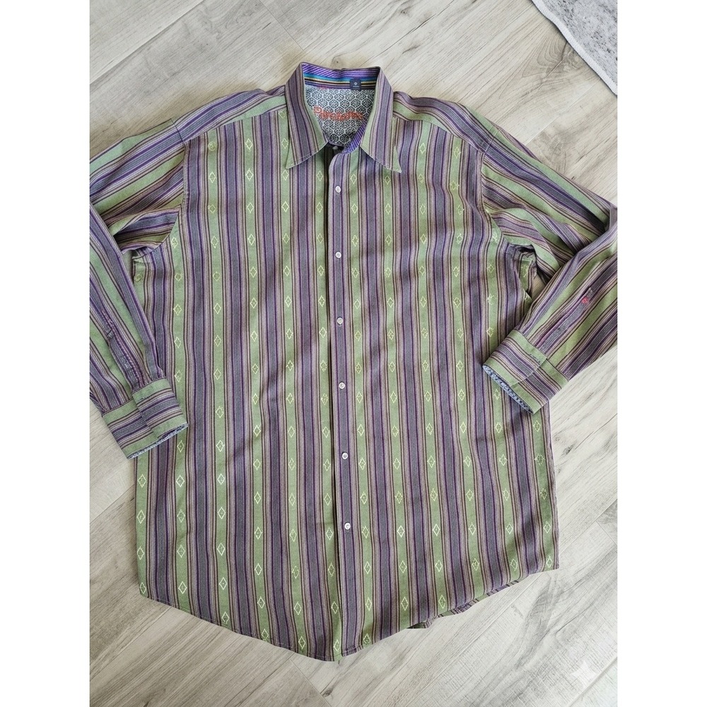 Robert Graham Mens 3XLB Green Purple Striped Button Down Cotton Silk Trim Shirt